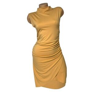 Wilfred Aritzia Womens Yellow Ruched Mock Neck Sleeveless Tulip Wrap Dress Small